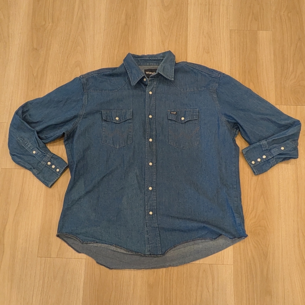 Wrangler Blue Denim Pearl Snap Raw Edge Long Sleeve Size XXL